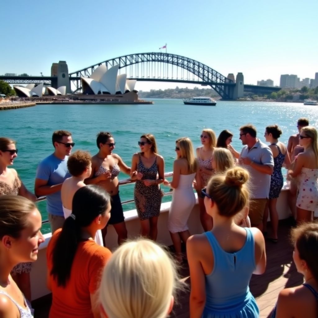 A lively gathering of people on a boat in Sydney Harbour.