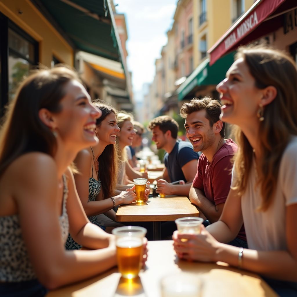 A group of diverse friends laughing together at an outdoor cafe in Melbourne.